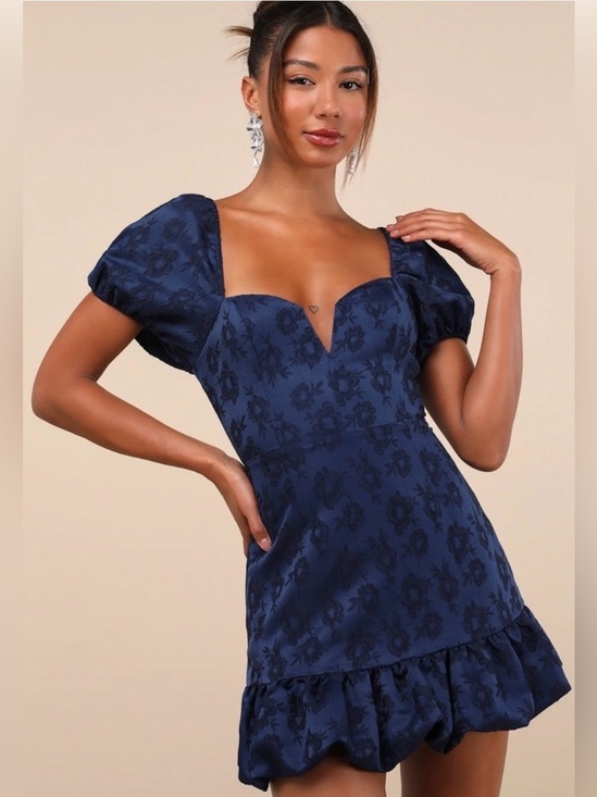 Lulus Dresses & Skirts - Lulus Exceedingly Delightful Navy Blue Jacquard Puff Sleeve Mini Dress Sz Medium